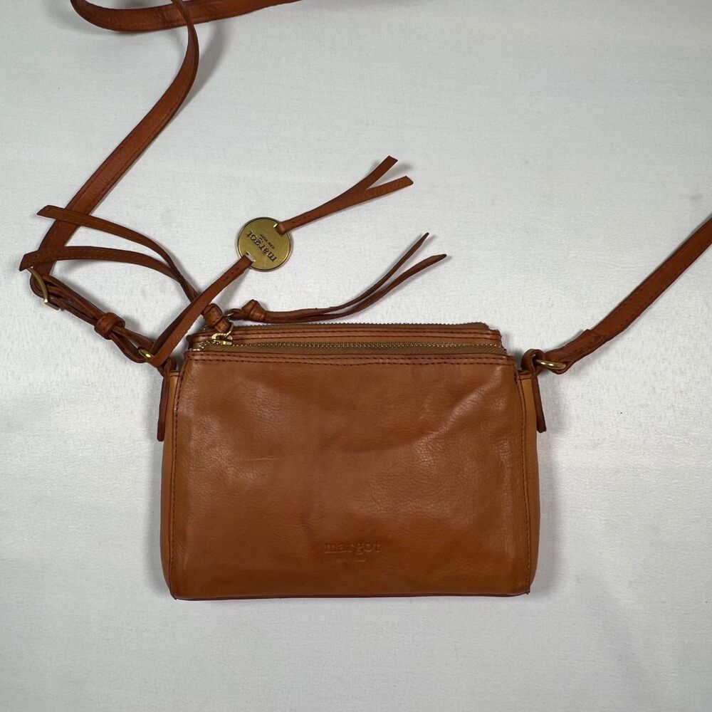 Margot New York Cognac Genuine Leather Triple Compartment Crossbody Small Purse